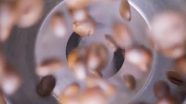 コーヒー豆はコーヒーグラインダーで粉砕され スローモーション500P — ストック動画