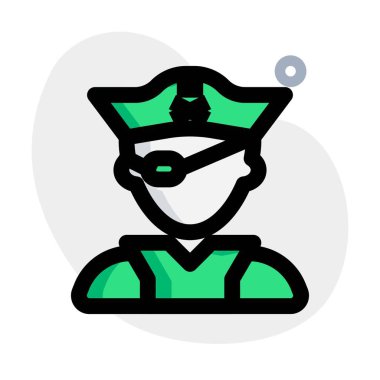 Korsan tricorn ve göz bandı takıyor.