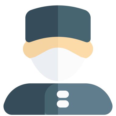 Üniformalı ve maskeli profesyonel kapıcı.