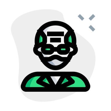 Gözlüklü ve maskeli yaşlı akademisyen.