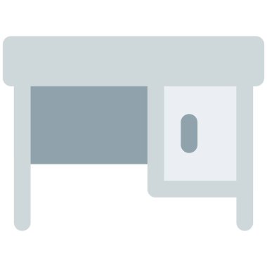 Ayakları ve dolabı olan bir ofis masası.