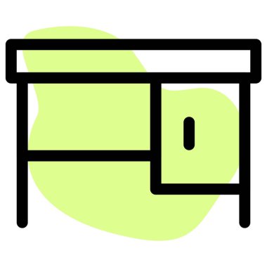 Ayakları ve dolabı olan bir ofis masası.