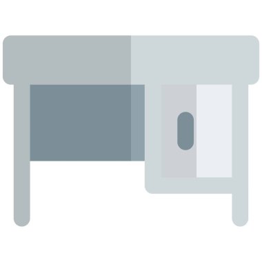 Ayakları ve dolabı olan bir ofis masası.