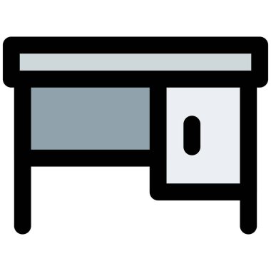 Ayakları ve dolabı olan bir ofis masası.