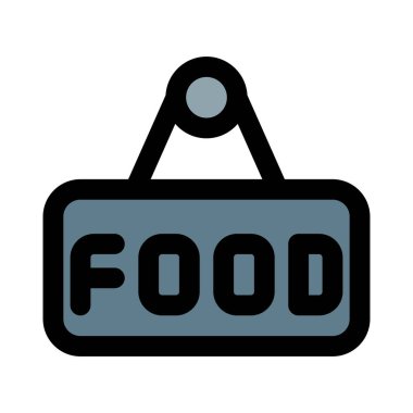 Asılı bir tabela üzerinde yazılı yiyecek.