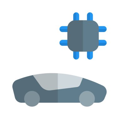 Beyaz arkaplanda izole edilmiş mikroçipli EV araba