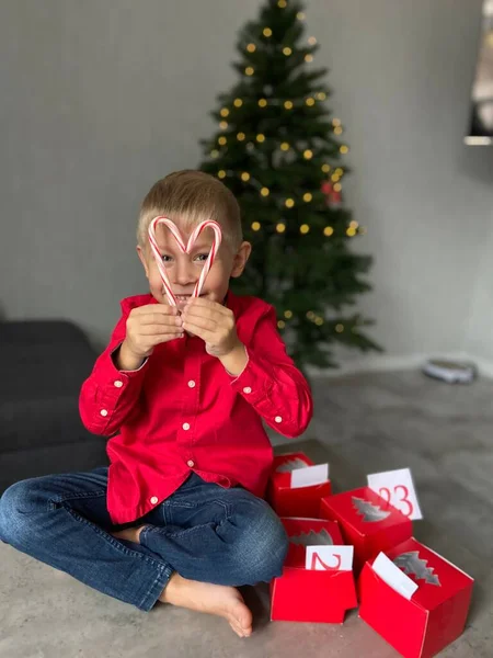 Noel Ağacının Arka Planında Noel Kıyafetleri Giymiş Bir Çocuk Mutlu — Stok fotoğraf