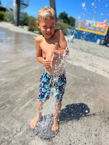 Funny Baby Boy Having Fun Water Stream Sprinkler — Stock Photo, Image