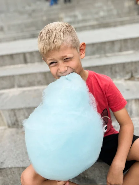 Little Boy Eating White Sweet Cotton Candy — Stock Photo, Image
