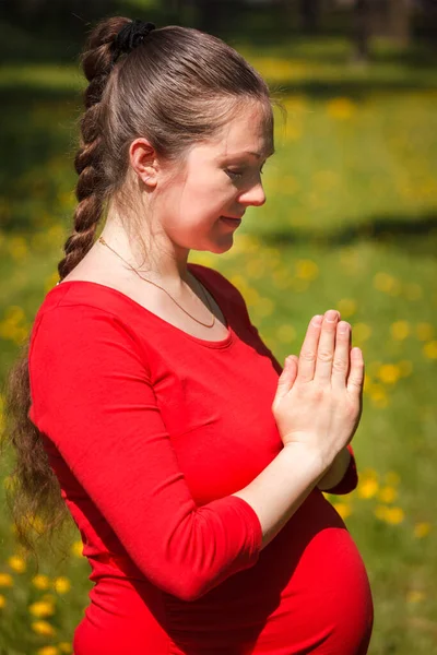 妊娠中のヨガの練習 妊娠中の女性が行うAsanaタダサナの名前味 夏にタンポポと芝生の上で屋外で敬礼と山のポーズ — ストック写真