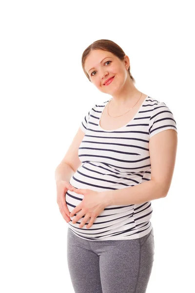 Schwangere Lächelnde Frau Die Ihren Bauch Isoliert Auf Weißem Hintergrund — Stockfoto