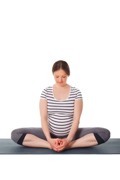 妊娠期瑜珈运动 怀孕妇女做阿莎娜 科纳萨纳捆绑角肺 在白色背景下被隔离 — 图库照片