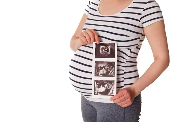 Pregnant Woman Standing Holding Her Ultrasound Baby Scan Picture Isolated — Stock Photo, Image