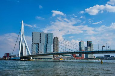 ROTTERDAM, NETHERLANDS - 11 Mayıs 2017: Nieuwe Maas üzerindeki Erasmusbrug köprüsü ve modern mimari gökdelenleri