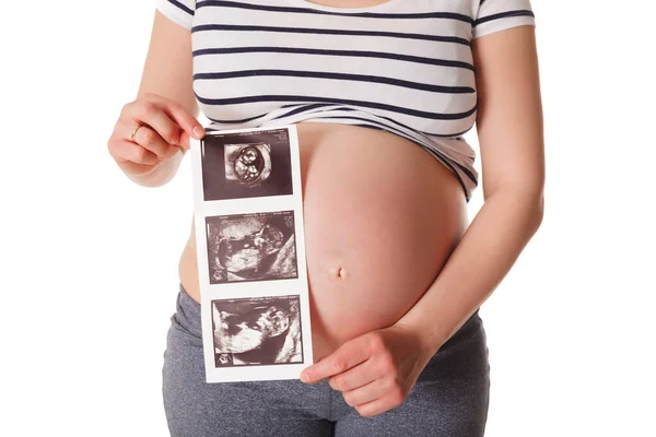 Mulher Grávida Segurando Seu Ultra Som Imagem Varredura Bebê Isolado — Fotografia de Stock