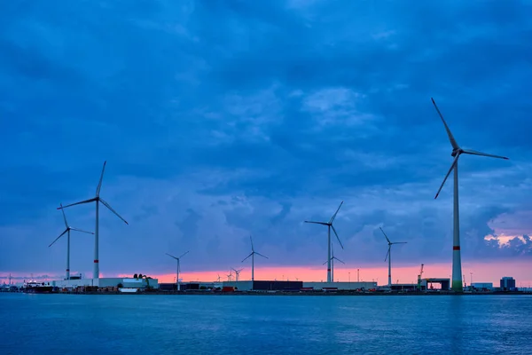 Turbinas Eólicas Generadores Energía Eléctrica Puerto Amberes Por Noche Amberes — Foto de Stock