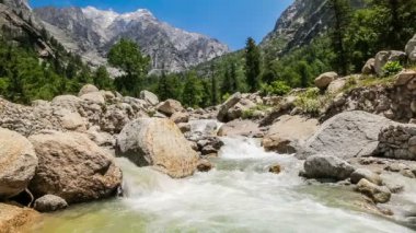 Himalayalar 'da dağ nehri ve şelale. Sangla Vadisi, Himachal Pradesh, Hindistan