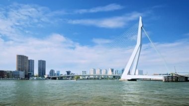 Rotterdam 'ın Nieuwe Maas üzerindeki ufuk çizgisi Erasmusbrug köprüsü ve köprünün altından su taksisi sürat teknesi geçen gökdelenler. Rotterdam, Hollanda
