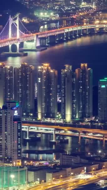 Busan Dél Korea Belvárosi Városképe Gwangan Bridge Légi Kilátással Éjszaka — Stock videók