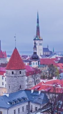 Akşamları Tallinn Ortaçağ Eski Kasabası 'nın havadan görünüşüne, akşamları Estonya' ya geçişe 4k Timlapse. Dikey video