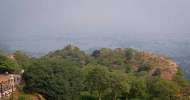 Panoramiczny Widok Powietrza Miasta Udaipur Jeziora Pichola Jeziora Fateh Sagar — Wideo stockowe