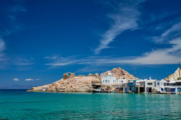 stock image Greek village scenic picturesque view in Greece - the beach and fishing village of Firapotamos in Milos island, Greece