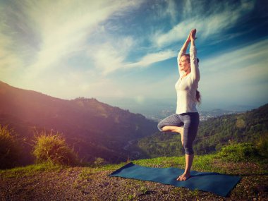 Yoga pratiği yapıyor. Kadın yoga yapıyor. Himalayalar 'da Vrikshasana ağacı pozisyonu alıyor. Himachal Pradesh, Hindistan. Panorama. Vintage retro efekti filtrelenmiş resim