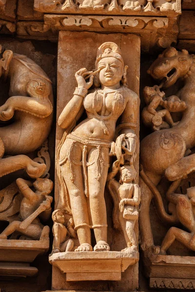Pedra Escultura Baixo Relevo Escultura Mulher Templo Adinath Khajuraho Madhya — Fotografia de Stock