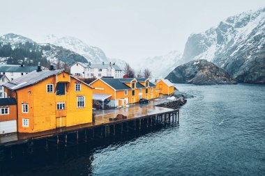 Nusfjord 'un otantik balıkçı köyünün panoramasında kışın Norveç fiyortlarında sarı rorbu evleri bulunur. Lofoten Adaları, Norveç