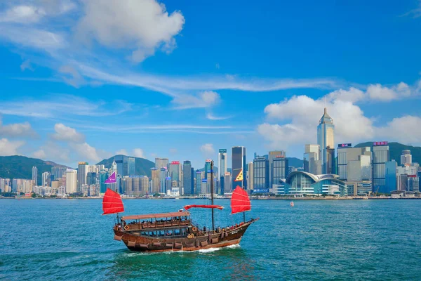 stock image HONG KONG, CHINA - MAY 1, 2018: Hong Kong skyline cityscape downtown skyscrapers over Victoria Harbour with tourist junk boat on sunset. Hong Kong, China
