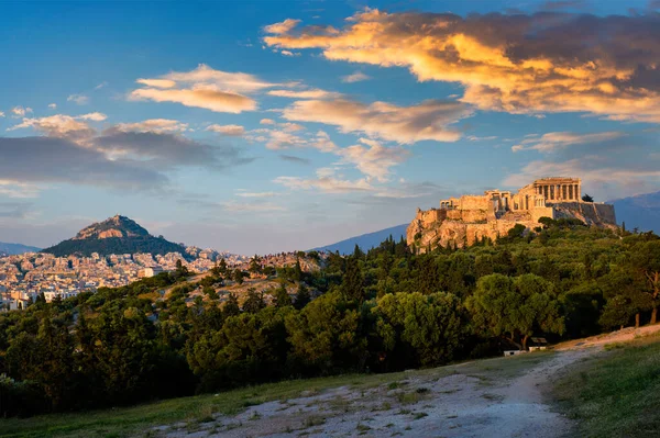 Famous Greek Tourist Landmark Iconic Parthenon Temple Acropolis Athens Seen — Stock Photo, Image