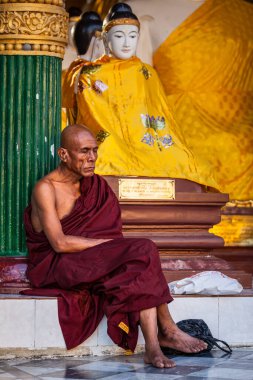 YANGON, MYANMAR - 3 HAZİRAN 2014: Şwedagon 'da meditasyon yapan Budist keşiş