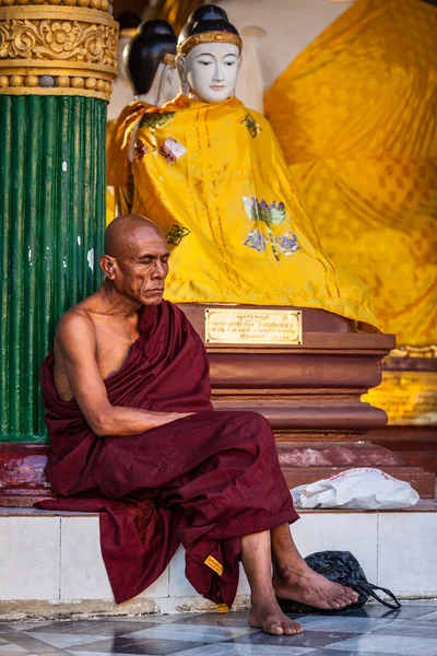 Янгон Мянмар Января 2014 Аскетический Буддийский Монах Медитирует Пагоде Шведагон — стоковое фото