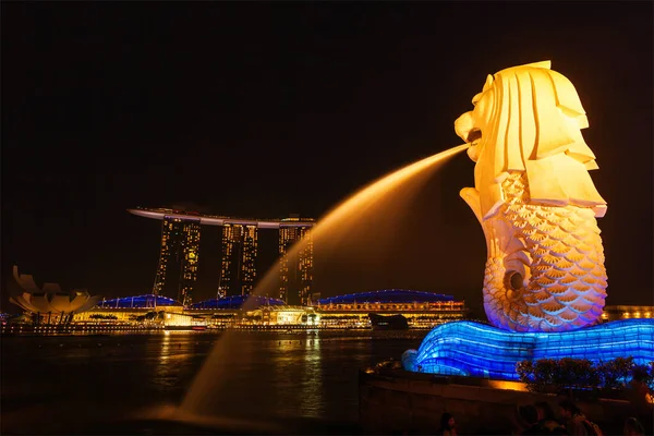 Singapur Januar 2014 Nachtansicht Des Singapur Merlion Marina Bay Und — Stockfoto