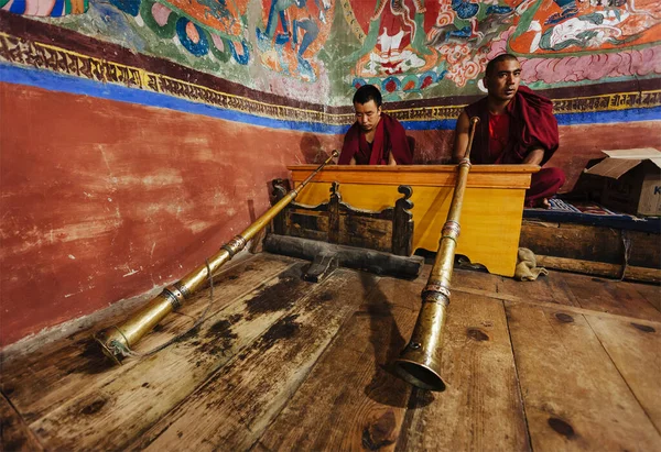 Thiksey India Σεπτεμβριου 2011 Θιβετιανοί Βουδιστές Μοναχοί Θιβετιανή Κόρνα Κατά — Φωτογραφία Αρχείου