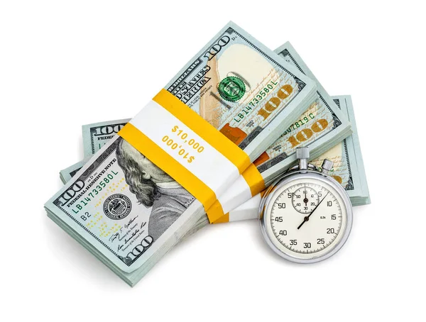 時間はお金の貸付け金の概念の背景である 新しい100米ドルのストップウォッチとスタック2013年版の紙幣束は白に隔離された — ストック写真