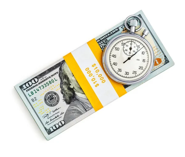 时间是银行贷款概念的背景 秒表和一堆新的100美元2013年版钞票捆在一起 这些钞票都是白色的 — 图库照片
