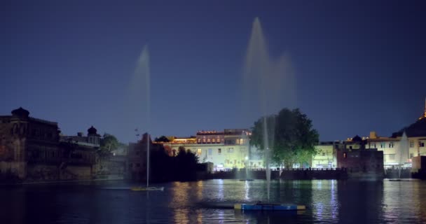 Ночь Джодхпур Вид Озеро Фонтаном Mehrangarh Форт Раджастхан Индия Горизонтальное — стоковое видео