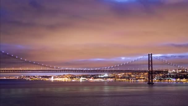 黄昏时分 25号德阿布里尔桥 Abril Bridge 是里斯本著名的旅游胜地 它在塔格斯河的Setubal半岛上连接着Lisboa和Almada 葡萄牙里斯本 照相机平底锅效应 — 图库视频影像