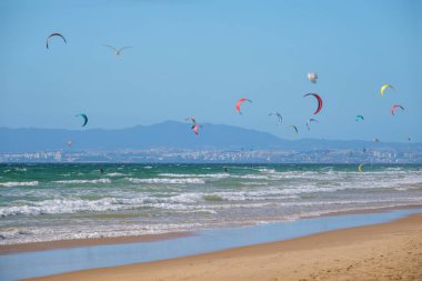 Uçurtma sörfü uçurtma sörfü uçurtmaları Atlantik Okyanusu kıyısında Fonte da Telha sahilinde, Costa da Caparica, Portekiz