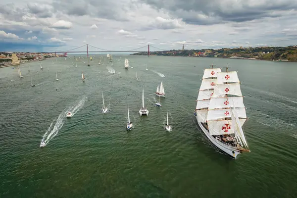 Aerial Drone View Tall Ships Sails Sailing Tagus River Atlantic — Stock Photo, Image