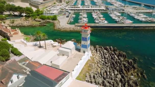 Vue Aérienne Par Drone Phare Santa Marta Marina Cascais Avec — Video