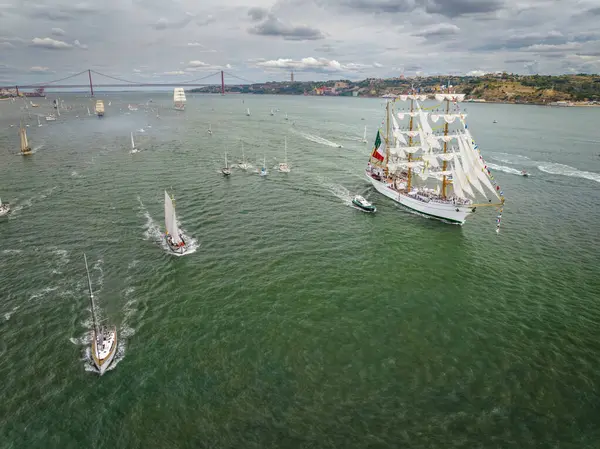 Aerial Drone View Tall Ships Sails Sailing Tagus River Atlantic — Stock Photo, Image