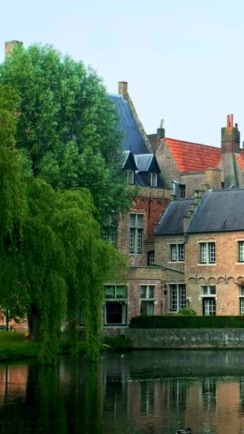 ベルギーのブルージュの有名な観光都市の古い家と運河 カメラパン — ストック動画