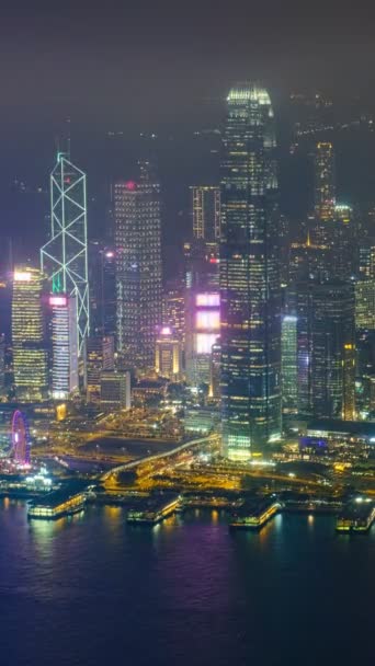 Timelapse Aerea Illuminato Skyline Hong Kong Grattacieli Del Centro Città — Video Stock