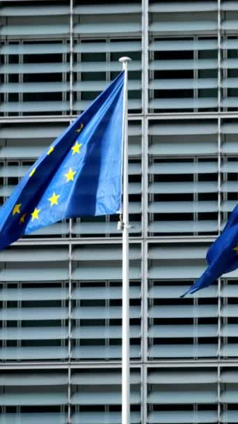 ブリュッセルにある欧州委員会の本部であるベルレイモントビルの前にある欧州連合の旗 カメラパン — ストック動画