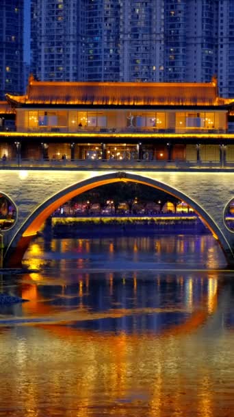 Ponte Anshun Sobre Rio Jin Iluminada Noite Chengdue Sichuan China — Vídeo de Stock