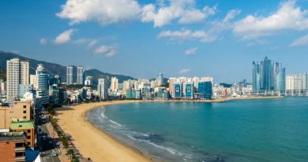Gwangalli Beach Busan Timelapse Met Panorama Panning Zuid Korea Luchtzicht — Stockvideo