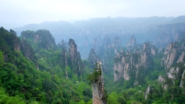 中国の有名な観光名所 ザンジャージー石柱 ウルチュアン フナン 中国の霧雲の山をクリフ 横のカメラ パンを使って — ストック動画