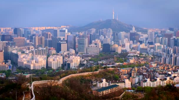 Luchtfoto Van Seoul Centrum Stadsgezicht Namsan Seoul Tower Zonsondergang Van — Stockvideo